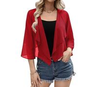 Aottori Red Bolero Cardigans Womens Summer Chiffon Shrugs Shawl Tops Ladies 3/4 Sleeve Open Front Lightweight Cropped Cardigan UK for Party Wedding Red M