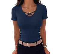 Aottori Short Sleeve Tops for Womens UK Summer V Neck Ribbed Jersey T Shirts Ladies Plain Slim Fitted Basics Tee Casual Cross Front Stretch Tunic Navy Blue XXL