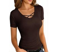 Aottori Short Sleeves Tops for Women V Neck T Shirts Ladies Ribbed Knit Basics Shirt Solid Stretchy Slim Fitted Tunic Summer Casual Sexy Pullover Brown XL