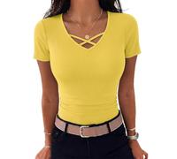 Aottori Short Sleeves Tops for Women V Neck T Shirts Ladies Ribbed Knit Basics Shirt Solid Stretchy Slim Fitted Tunic Summer Casual Sexy Pullover Yellow XL