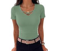 Aottori Short Sleeves Tops for Women V Neck T Shirts Ladies Ribbed Knit Basics Shirt Solid Stretchy Slim Fitted Tunic Summer Casual Sexy Pullover Grass Green XL