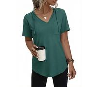 Aottori Summer Hooded for Women Short Sleeve T Shirts Ladies V Neck Basic Top Drawstring Sweatshirt Loose Fit Stretchy Solid Tee with Pocket Casual Undershirt UK Green XXL