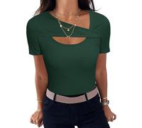 Aottori Summer Tops for Women UK Asymmetrical Neck Basic T Shirts Short Sleeve Ribbed Tee Shirt Elegant Stretchy Fitted Solid Tshirts Green XL