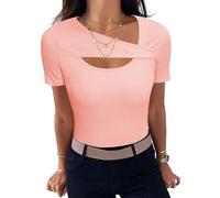 Aottori Summer Tops for Women UK Asymmetrical Neck Basic T Shirts Short Sleeve Ribbed Tee Shirt Elegant Stretchy Fitted Solid Tshirts Pink L
