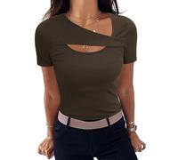 Aottori Summer Tops for Women UK Asymmetrical Neck Basic T Shirts Short Sleeve Ribbed Tee Shirt Elegant Stretchy Fitted Solid Tshirts Brown L