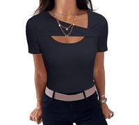Aottori Summer Tops for Women UK Asymmetrical Neck Basic T Shirts Short Sleeve Ribbed Tee Shirt Elegant Stretchy Fitted Solid Tshirts Navy S