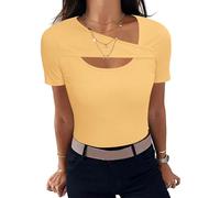 Aottori Summer Tops for Women UK Asymmetrical Neck Basic T Shirts Short Sleeve Ribbed Tee Shirt Elegant Stretchy Fitted Solid Tshirts Yellow M