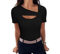 Aottori Summer Tops for Women UK Asymmetrical Neck Basic T Shirts Short Sleeve Ribbed Tee Shirt Elegant Stretchy Fitted Solid Tshirts Black M