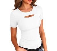 Aottori Summer Tops for Women UK Short Sleeve Basic T Shirts Ladies Crew Neck Ribbed Tee Shirt Sexy Cut Out Stretch Fitted Plain Casual Tunic Top White L