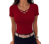 Aottori Summer Tops for Womens Short Sleeve V Neck T Shirt Ladies Ribbed Knit Basics Stretchy Shirts Plain Slim Fitted Sexy Blouse Casual UK Thin Tee Red S