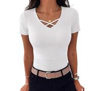 Aottori Summer Tops for Womens Short Sleeve V Neck T Shirt Ladies Ribbed Knit Basics Stretchy Shirts Plain Slim Fitted Sexy Blouse Casual UK Thin Tee White S