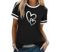 Aottori T Shirt Women's Short Sleeve Heart Printed T-Shirts UK Summer Cotton Basic Round Neck Tshirts Ladies Loose Fit Tee Shits Black XL