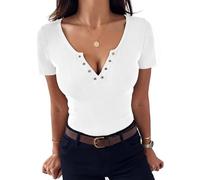 Aottori V Neck Short Sleeve Tops for Women Ribbed Jersey Summer Plain T Shirts Slim Fit Basics Stretch Tee Tunic Soft Lightweight White S
