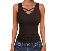 Aottori V Neck Tank Tops Women Cross Front Vest Ribbed Stretch Knit Brown S