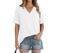 Aottori V Neck Tops for Womens Loose Short Sleeve T Shirts Ladies Basics Plain Summer Tunic Stretch Long Tee Casual UK White XL