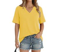 Aottori V Neck Tops for Womens Loose Short Sleeve T Shirts Ladies Basics Plain Summer Tunic Stretch Long Tee Casual UK Yellow XL