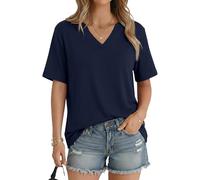 Aottori V Neck Tops for Womens UK Short Sleeve Summer T Shirts Ladies Loose Long Tunic Basics Plain Stretch Tee Casual Navy Blue L