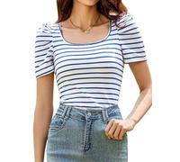 Aottori Wome Blue White Stripe T Shirt Summer Square Neck Tops Ladies Short Sleeve Basic Tee Shirt Casual Slim Fitted Cotton Tunic Top Blue M