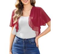 Aottori Women Boleros Shrugs Summer Chiffon Cropped Cardigans Short Sleeve Open Front Sheer Shawls Thin Basic Bolero Jackets for Evening Wedding Short Wine Red L