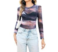 Aottori Women Mesh Long Sleeve Top Crew Neck See Through T Shirts Ladies Slim Fit Floral Sexy Sheer Base Layer Tops for Casual Party Clubwear Brown Print L