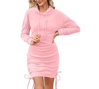 Aottori Women Pink Hoodies Dress Ladies Pullover Long Sleeve Sweatshirt Dresses Casual Solid Ruched Thermal Fleece Hooded Tops Blush Pink XXL