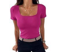 Aottori Women Summer Tops Ladies Short Sleeve T Shirts Square Neck Ribbed Basic Tee Shirt Cotton Stretch Fitted Casual Pullover Tunic Top Berry Pink M