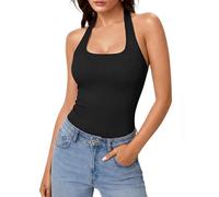 Aottori Women Tank Top UK Summer Sexy Sleeveless Square Neck Vest Basic Ribbed Knitted Tops Fitted Backless Underwear Plain Shirts Black XXL