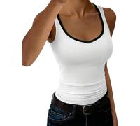 Aottori Women Vest Tops V Neck Slim Fit Tank Tops Ladies Summer Ribbed Knit Camisole Basic Plain Stretch Cami UK Color Block Shirts Casual White L