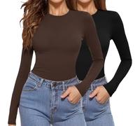 Aottori Womens 2 Pack Long Sleeve Tops Crew Neck Thermal Shirts Set Stretch Fitted Basic Underscrubs Layer Tee Black+Brown XS