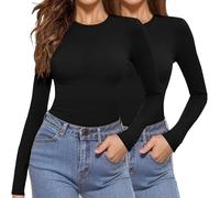 Aottori Womens 2 Pack Long Sleeve Tops Ladies Round Neck Base Layer Undershirt Stretch Fitted Lightweight Thermal T Shirts Basic Tunic Pullover Black+Black L