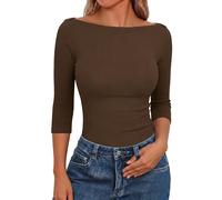Aottori Womens 3/4 Sleeve T Shirts Boat Neck Summer Tops Ribbed Basic Tee Shirt Lightweight Casual Solid Tunic Top Brown XS