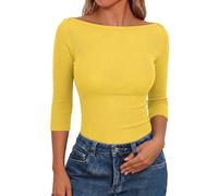 Aottori Womens 3/4 Sleeve T Shirts Boat Neck Summer Tops Ribbed Basic Tee Shirt Lightweight Casual Solid Tunic Top Yellow XS