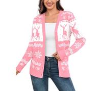 Aottori Womens Christmas Cardigans Knitted Button Down V Neck Sweater Open Front Reindeer Snowflake Knitwear Ladies Long Sleeve Winter Jumper Outerwear Pink S