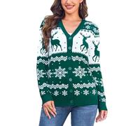 Aottori Womens Christmas Cardigans Knitted Button Down V Neck Sweater Open Front Reindeer Snowflake Knitwear Ladies Long Sleeve Winter Jumper Outerwear Green XL