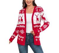 Aottori Womens Christmas Cardigans Knitted Button Down V Neck Sweater Open Front Reindeer Snowflake Knitwear Ladies Long Sleeve Winter Jumper Outerwear Red XXL
