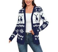 Aottori Womens Christmas Cardigans Knitted Button Down V Neck Sweater Open Front Reindeer Snowflake Knitwear Ladies Long Sleeve Winter Jumper Outerwear Navy XXL