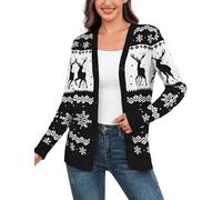 Aottori Womens Christmas Cardigans Knitted Button Down V Neck Sweater Open Front Reindeer Snowflake Knitwear Ladies Long Sleeve Winter Jumper Outerwear Black S