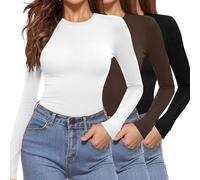 Aottori Women's Long Sleeve Tops Ladies 3 Pack Round Neck Base Layer Shirts Fall Winter Basic Thermal Undershirt Lightweight Slim Fitted Pullover T Shirt Black+White+Brown XXL