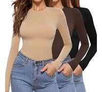 Aottori Women's Long Sleeve Tops Ladies 3 Pack Round Neck Base Layer Shirts Fall Winter Basic Thermal Undershirt Lightweight Slim Fitted Pullover T Shirt Black+Brown+Khaki XXL