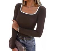 Aottori Womens Long Sleeve Tops Ribbed Knit Square Neck Shirts Color Block Fitted Basic Blouse Tee Shirts Soft Warm Base Layer Underwear Tunic Pullover Brown XXL