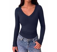 Aottori Womens Long Sleeve Tops V Neck Ribbed Fitted Basic Plain T-Shirt | Smooth Feel, Vertical Texture, Autumn Wear, Deep Neckline, Regular Length, Easy Styling, Office, Dinner, Travel, Chic, Modern