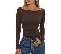 Aottori Womens Long Sleeve Tunic Shirts Boat Neck Ribbed Knit T Shirts Slim Fit Blouse Tops Ladies Fall Winter Basic Base Layer Underwear Brown XXL