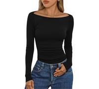 Aottori Women's Long Sleeve Tunic Tops Ribbed Knitted Shirts Ladies Boat Neck Base Layer Underwear Basic Fitted Elegant Solid Casual Pullover Jumpers Black XS