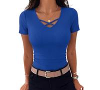 Aottori Womens Short Sleeve Ribbed Knit Tops Ladies V Neck Plain Slim Fitted T Shirts Basics Stretch Summer Tunic Long Cross Front Casual UK Tee Royal Blue L