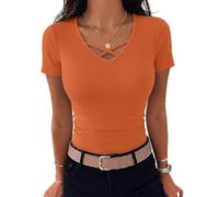 Aottori Womens Short Sleeve Ribbed Knit Tops Ladies V Neck Plain Slim Fitted T Shirts Basics Stretch Summer Tunic Long Cross Front Casual UK Tee Orange L