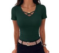 Aottori Womens Short Sleeve Ribbed Knit Tops Ladies V Neck Plain Slim Fitted T Shirts Basics Stretch Summer Tunic Long Cross Front Casual UK Tee Green L