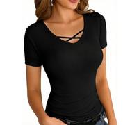 Aottori Womens Short Sleeve Ribbed Knit Tops Ladies V Neck Plain Slim Fitted T Shirts Basics Stretch Summer Tunic Long Cross Front Casual UK Tee Black L