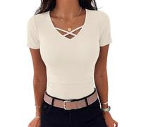 Aottori Womens Short Sleeve Ribbed Knit Tops Ladies V Neck Plain Slim Fitted T Shirts Basics Stretch Summer Tunic Long Cross Front Casual UK Tee Beige L