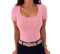 Aottori Womens Short Sleeve Top U Neck Base Layer Plain Ribbed Fitted Shape