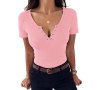 Aottori Womens Short Sleeve V Neck Tops Ribbed Knit Plain Button T Shirts Summer Basics Fitted Tee Fashion Stretch Pullover UK Tunic Casual Pink L